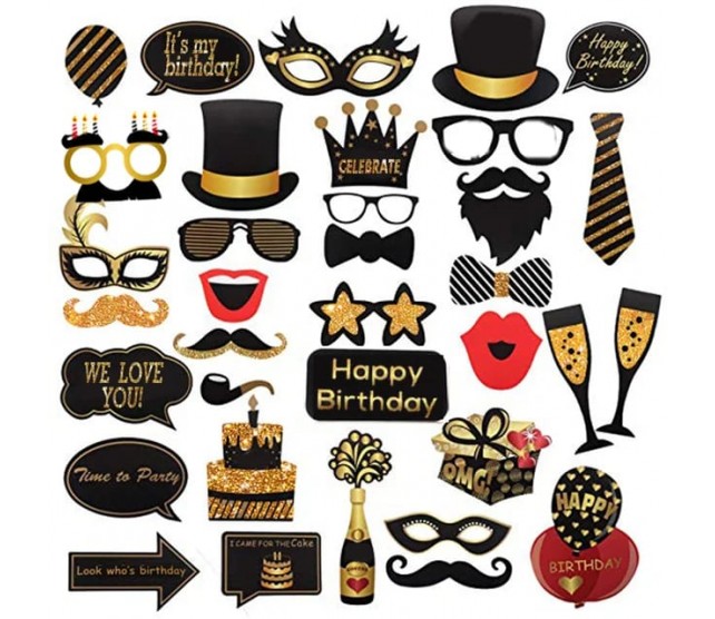 Gold Black Birthday Selfie Props for Men and Women Birthday Party Decoration Supplies ,35 Pcs