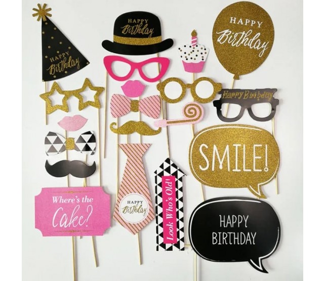 Pink, Black and Gold - Birthday Photo Booth Props Kit - 20 pcs