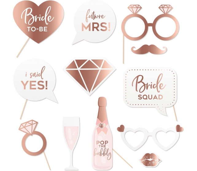 Rose Gold Wedding Photo Booth Props for Bridal Shower, Bachelorette Party, Engagement and Selfies for Bride to Be 12Pcs