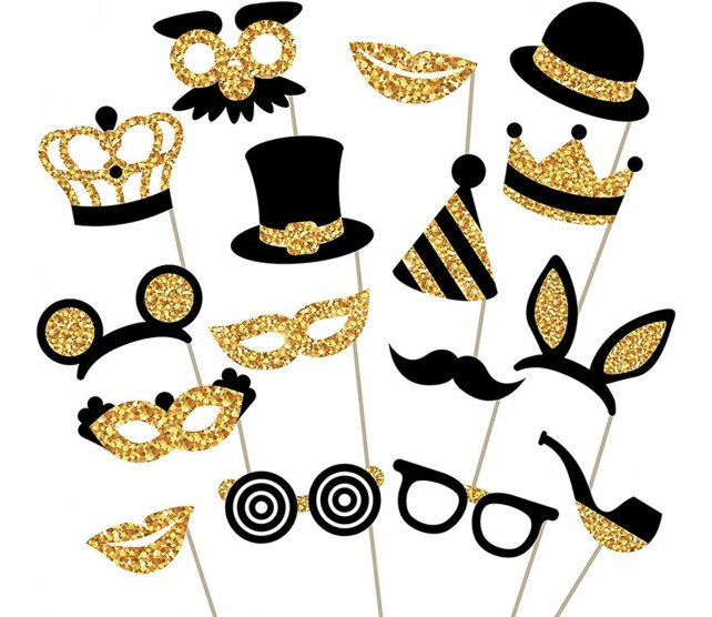 Happy Birthday Black and Gold Photo Booth Props 16 pcs  Selfie Props for Birthday, Weddings ,New Years ,Graduation Party Supplies